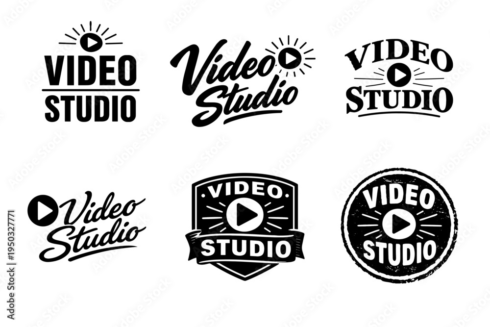 Fototapeta premium Six distinct video studio logo designs featuring bold typography and play icons