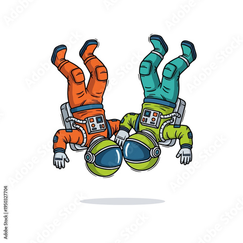 Two astronauts in colorful suits floating upside down in space, close together