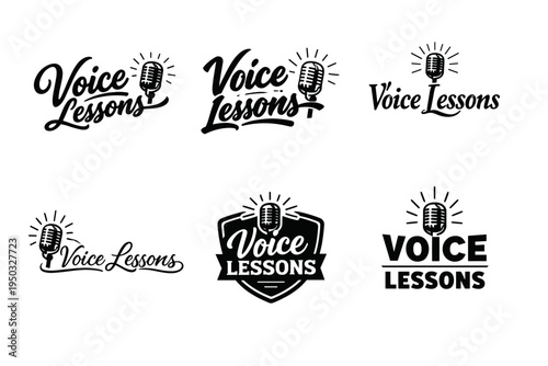 Voice lessons logo designs featuring vintage microphone elements