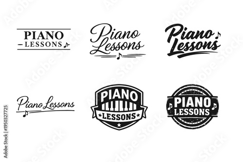 Collection of six black and white piano lessons logos in various styles