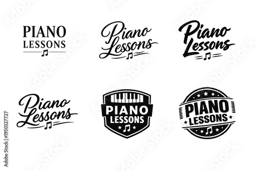 Elegant piano lessons logos collection with musical notes and stylish typography