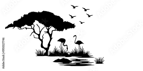 Flamingo silhouette near acacia tree and lake. African landscape nature scene with flying bird. Wild animal in habitat, flat vector design illustration for art, decor and print.