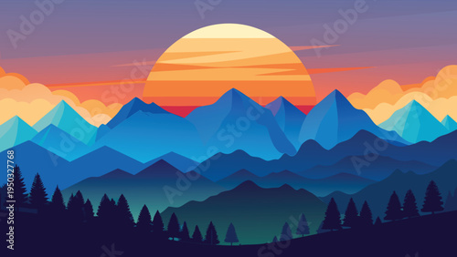 A colorful mountain range with trees and a sunset