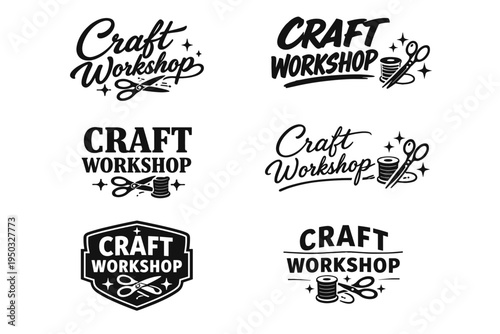 Craft workshop logos with needle, thread, and scissors in various styles