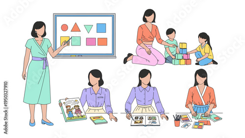 Teacher's Daily Tasks: This image captures a teacher involved in various tasks of their daily routine: teaching, assisting children, and preparing for lessons, showcasing their dedication.