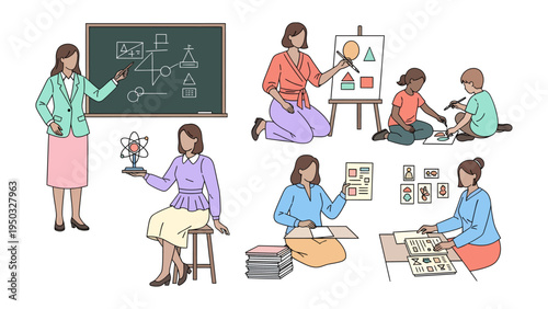 Educator's World: A collection of illustrations showcasing teachers engaging with students in various educational settings. From chalkboard lectures to creative art lessons.