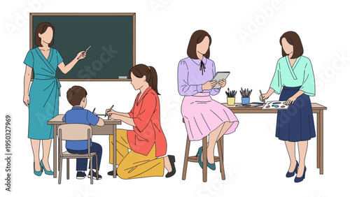 Classroom Collaboration: A Teacher's Focus on Guiding and Nurturing: Inside a classroom, educators engage in teaching, while a student concentrates on learning at a desk.