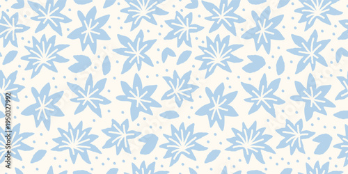 Seamless pattern with hand drawn light blue flowers and delicate botanical elements on a white background. Grandmillennial floral texture. Retro-inspired background.