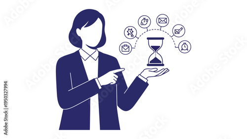 Fotografía Time Management: A focused professional, poised and confident, holds an hourglass aloft, encircled by a constellation of icons representing tasks, deadlines, and the precious passage of time