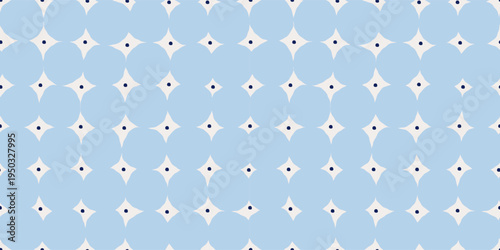 Seamless geometric pattern with light blue circles and dark navy dots in a minimalist style. Retro-inspired background.