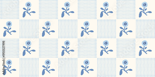 Blue floral seamless pattern with hand drawn flowers in geometric squares and stripes on white background. Retro-inspired background.