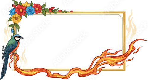 A vibrant bird perches on a flame with a floral border and gold frame on a white background.