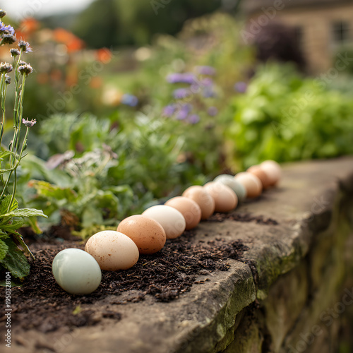 A row of eggs sitting on a rustic stone ledge with a background of a flowering vegetable patch. - Image #1 @Ai content creator