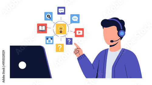 Support Agent Guidance: A support agent points towards a central idea, surrounded by icons that depict different forms of knowledge and assistance.