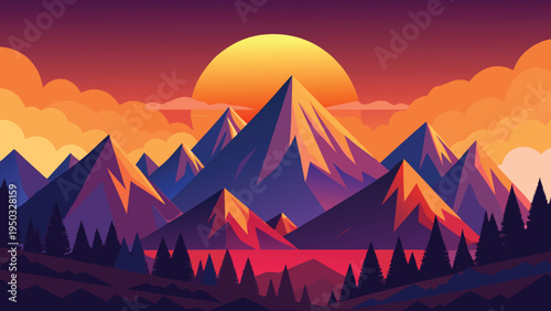 Sunset over a mountain range with trees