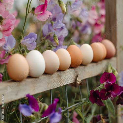 A row of eggs sitting on a garden trellis with a background of blooming sweet peas. - Image #1 @Ai content creator