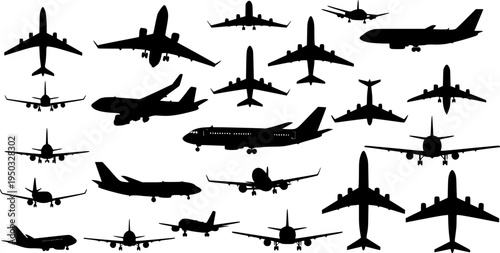 Aircraft flight icon set, jet plane silhouette, aviation vector.
