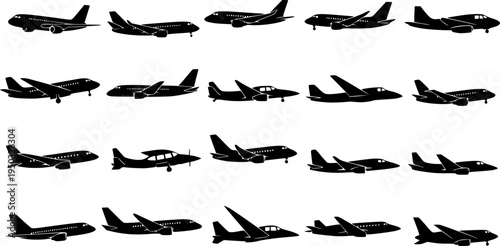 Aircraft flight icon set, jet plane silhouette, aviation vector.