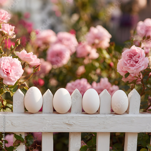 A row of eggs sitting on a white picket fence with a background of blooming pink roses. - Image #1 @Ai content creator