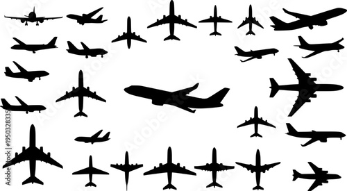 Aircraft flight icon set, jet plane silhouette, aviation vector.
