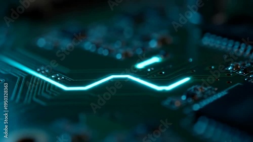 Close-up of a circuit board with glowing blue lines.