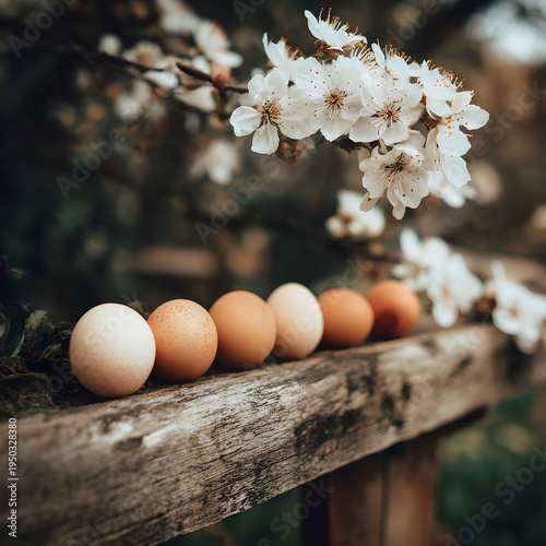 A row of eggs sitting on a rustic wooden ledge with a background of a blooming apple tree branch. - Image #1 @Ai content creator
