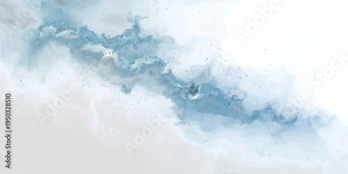 Abstract watercolor background featuring blue ocean waves and liquid splashes with a grunge texture reminiscent of a clear summer sky and white clouds.