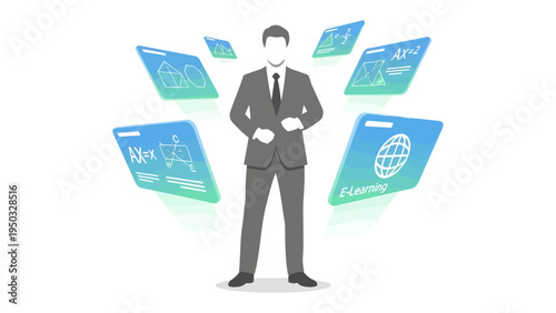 Digital Age Visionary: A modern businessman confidently surveys a display of technological interfaces and digital concepts, embodying the spirit of innovation and forward-thinking in the digital era.