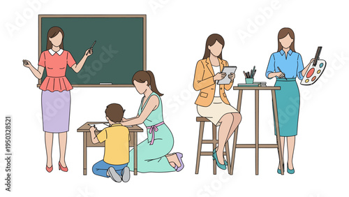 Educators' Roles: A collection of educational illustations shows the diverse roles of teachers and educators, from leading lessons to fostering creativity in students.