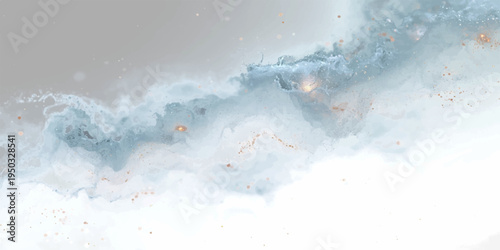 A vintage watercolor art piece of a grunge blue snowboarder jumping through a cold winter splash of snow and liquid ice texture on an old paper backdrop.