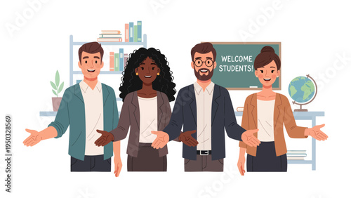Welcoming Educators: A harmonious group of teachers extends a welcoming gesture, standing with a warm invitation to students in a neatly organized classroom setting.