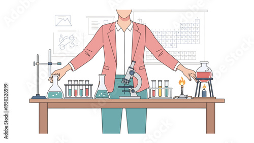 Chemistry lab setup: A graphic illustration showcasing a dedicated scientist at work in a modern chemistry lab, surrounded by various scientific tools.