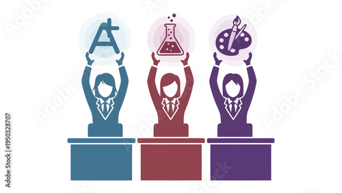 Education and Innovation: Symbolic illustration shows figures holding up representations of art, science and academics, signifying the core of knowledge and innovation.