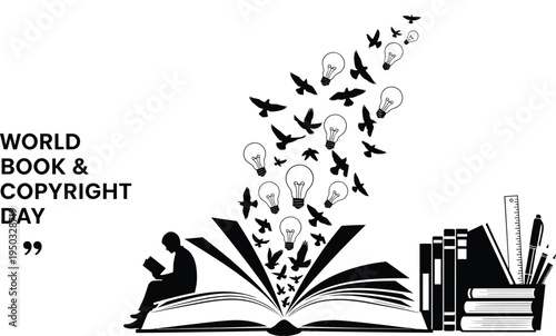 World Book and Copyright Day Concept with Open Book Birds and Lightbulbs world book day reading