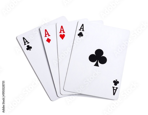 Four Ace playing cards fanned out showing the red and black suits on white