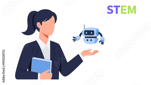 STEM Education and AI Interaction: A forward-thinking illustration features a professional interacting with an AI robot, embodying the spirit of STEM education.
