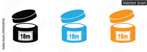 PAO label vector iconThree open tin cans with 18m jars label in black, blue, and orange colors.18m period after opening icon on cosmetic label showing product's safe usage time after unsealing