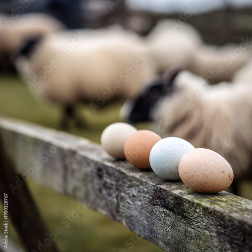 A row of eggs sitting on a rustic wooden fence rail with a blurred background of grazing sheep. - Image #2 @Ai content creator