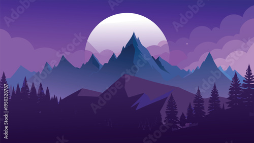 A purple mountain landscape with a full moon