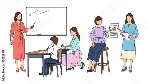 School Learning in Action: An illustrative scene captures the dynamic interplay of learning in school, from students focused on their studies to educators presenting lesson and supporting them.