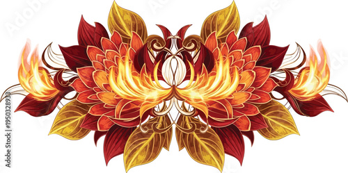 A vibrant floral design with fiery leaves and petals in shades of red, orange, and yellow on a white background.