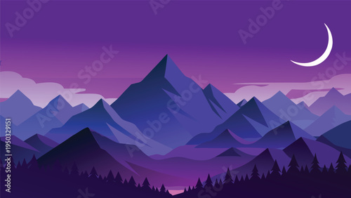 A purple mountain range with a crescent moon in the sky