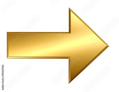 Gleaming gold arrow pointing right with a 3D effect on a white background, conveying direction