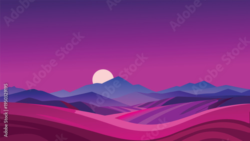 A pink and purple mountain range with a sun setting behind it