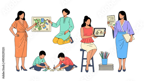 Creative minds at work: A collection of images depicting individuals engaged in the art of painting and education, capturing the essence of inspiration and learning. 