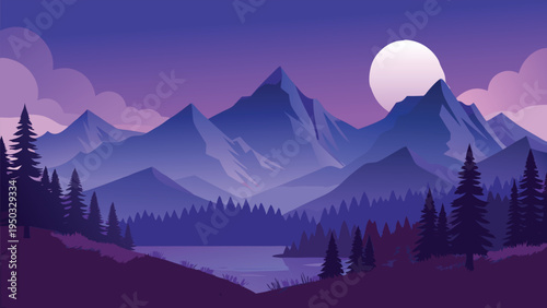 A serene mountain landscape with a lake and trees