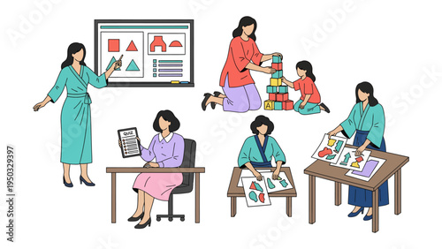 Early Childhood Education: Capturing the essence of education, illustrating activities centered around a preschool environment and the joy of teaching young children.