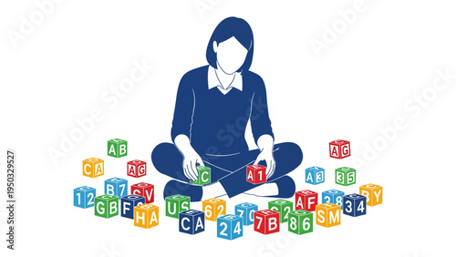 Learning with Building Block: A person sits among an array of building blocks, each displaying letters and numbers. This image showcases learning, education.
