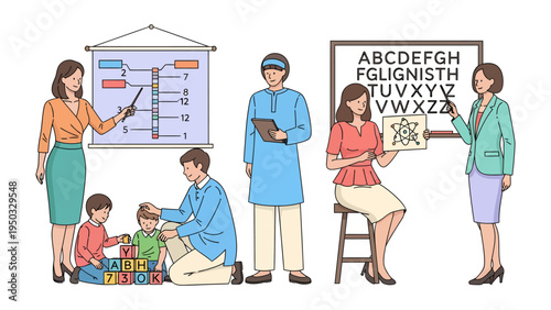 Learning Community: Educators and learners from diverse backgrounds engage in interactive lessons and guidance, embodying the principles of inclusivity and knowledge transfer.