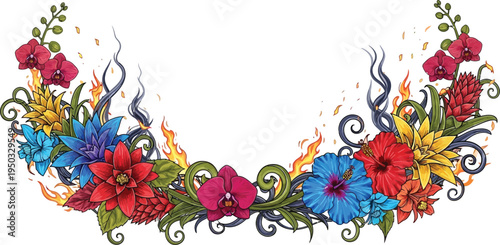 A vibrant floral wreath with colorful flowers and flames on a white background
